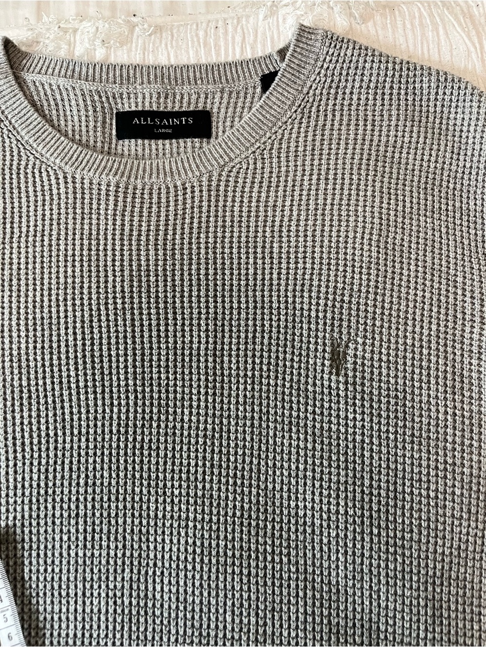 AllSaints Men's Light Gray Waffle Knit Crewneck Sweater - Picture 7 of 7